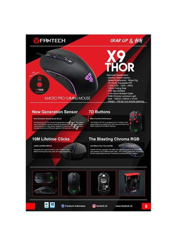 Игровая проводная USB Мышка X9 Thor чувствительностью 4800 DPI,Led подсветка,кабель 1.8m Black Fantech (340935596)