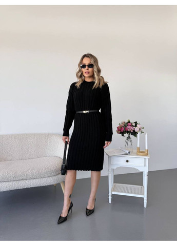 Черное женское теплое вязаное шерстяное платье интер вязкая резинка до колена черная You Best