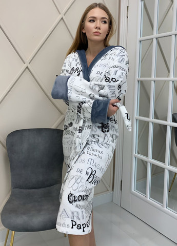 Стильный женский длинный плюшевый халат с капюшоном и парижским принтом 42/48 Exclusive (323213125)