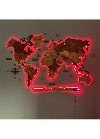 Декоративное панно на стену Карта Мира с гравировкой "Кедр" с RGB подсветкой 200х120 см Decart (360610407)