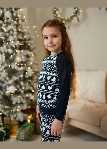 Темно-синяя зимняя детская пижама для девочки с рождественским принтом комплект кофты брюки в синем цвете family look домашняя одежда кофта + брюки Nicoletta