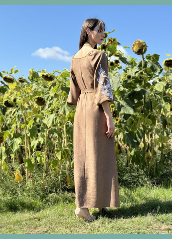 Коричневое коричневое платье макси с авторской вышивкой 5795к Cat Orange