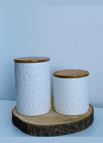 Банка керамічна 550мл з бамбуковою кришкою Жасмин, білий матовий BonaDi (330749147)