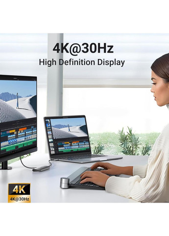 Адаптер хаб док-станция CM195 USB Type-C HDMI 4K 30Hz SD/TF Card USB 3.0x4 (15214) Ugreen (364462144)