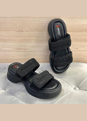 Черные шлепанцы женские черные на липучках со стразами. Seastar со стразами