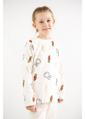 Молочна всесезон дитяча піжама велсофт для дівчинки домашній костюм молочний із зайчиками та морквинкою (кофта + штани, розміри 98–140) кофта + брюки V&V