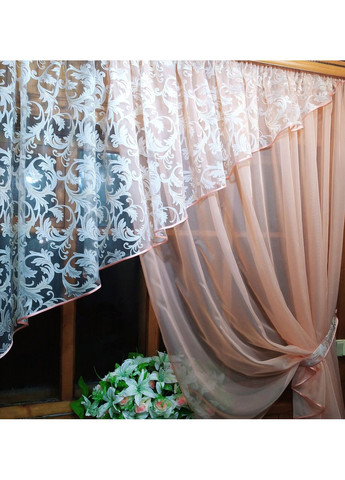 Занавеска кухона готовая короткая Анжелика персик вензель правая No Brand (372134033)