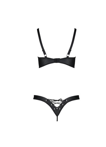 Комбинированный демисезонный комплект из экокожи celine bikini s/m black открытый бра с лентами, стринги со шнуровкой Passion