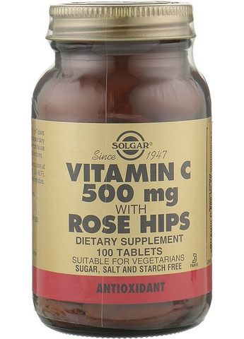 Диетическая добавка, 500 мг "Витамин С+шиповник" Vitamin C With Rose Hips 100шт (881367-31163318) Solgar (368660441)