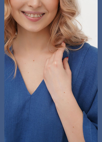 Синя лляна довга сукня бохо з трикутним вирізом та рукавом кімоно під пояс ронда., р., код 0311/52/1788 ГАЛЕРЕЯ ЛЬОНУ