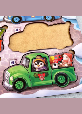 Дерев'яна гра з картками "Тварини на машинках" (ПСФ132) PSF132, 42 деталі і 12 карток Ubumblebees (302384710)