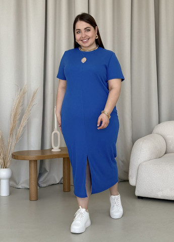 Індиго пляжна, повсякденний, кежуал літня довга вільна сукня-футболка в рубчик з розрізом спереду сукня-футболка Merlini однотонна