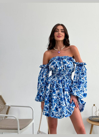 Синее деловое, кэжуал, коктейльное, вечернее женское платье клеш No Brand с цветочным принтом