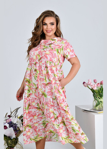 Розовое повседневный штапельное платье с воланом а-силуэт No Brand с цветочным принтом
