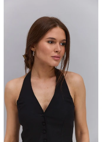 Женский льняной топ с баской и бретелью через шею черный Arjen — 393166205