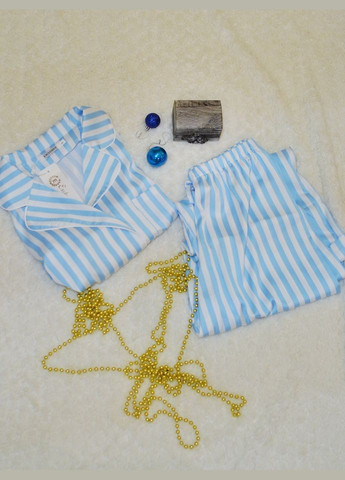 Біла всесезон піжама-двійка шовкова (сорочка, штани) біло-блакитна 1227-02 рубашка + брюки Nika Li brand Stripes