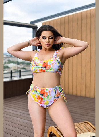 Білий літній купальник sw1406 (жовтий малюнок) роздільний Ghazel