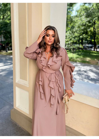 Кофейное праздничный, коктейльное, вечернее длинное платье с оборками а-силуэт Україна однотонное