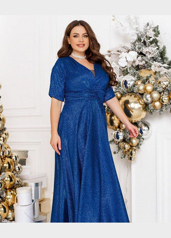 Синее праздничный вечернее платье макси с глиттером колокол No Brand однотонное