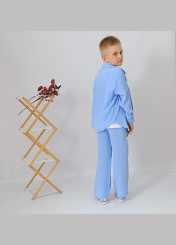 Белый летний детский летний костюм голубой рубашка+штани+футболка белая для мальчика с рубашкой, брючный No Brand