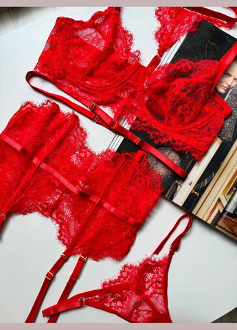 Червоний коммлект жіночої білизни з поясом і гартерами Simply sexy