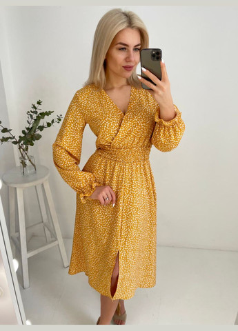 Горчичное праздничный, коктейльное, повседневный, кэжуал, вечернее платье с разрезами No Brand с цветочным принтом