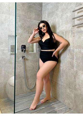 Чорний літній жіночий купальник плюс сайз корсетний топ і високі трусики / жіночий роздільний купальник чорний драпірований верх великі р No Brand