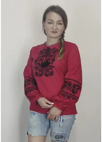 Червона жіноча домочка вишиванка хакі біла вишивка 42 44 46 48 50 52 54 56 58 60, 46 (368782575)