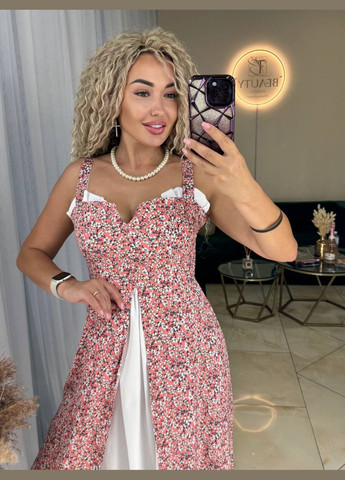 Рожева повсякденний, святковий, пляжна, кежуал стильна літня сукня з білою вставкою Vakko з квітковим принтом