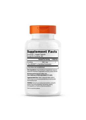 Л-карнітин фумарат L-Carnitine Fumarate with Biosint Carnitine 500 мг, 60 капсул Doctor's Best (361116241)