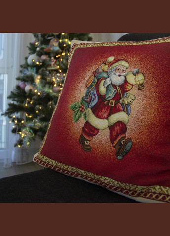 Декоративна гобеленова новорічна наволочка одностороння на диванну подушку з люрексом 45х43 см Веселий Санта Maystat (305390228)