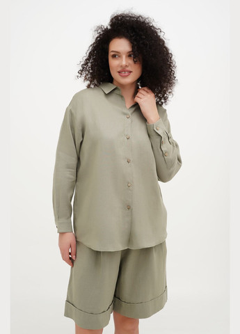 Хакі жіноча блуза-сорочка вишиванка з льону з квітковою вишивкою на спині на ґудзиках айстра., р., код 9441/52/101 ГАЛЕРЕЯ ЛЬОНУ