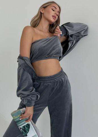 Велюровий повсякденний костюм трійка: вкорочений худі + топ + штани Tik-Tak (322677775)