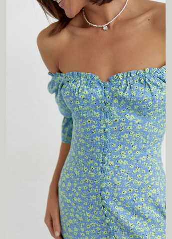 Синее повседневный летнее платье на пуговицах и с открытыми плечами 6439 Lurex с цветочным принтом