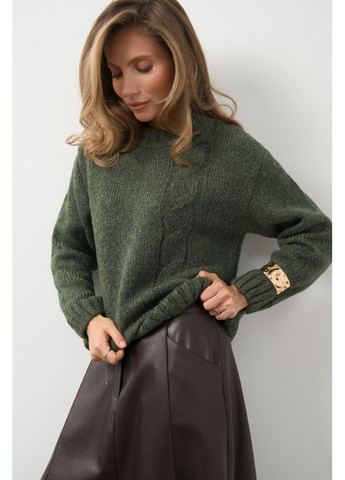 Оливковый (хаки) зимний уютный свитер с вертикальным узором коса (2829) Triko Bakh