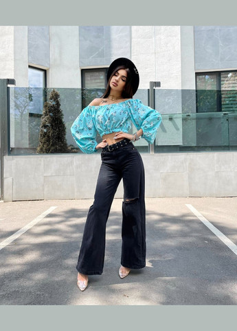 Голубая красивая летняя блузочка на плечи (на резоночках) из качественного софта в цветочном принте, блузка с открытым декольте No Brand 979-3