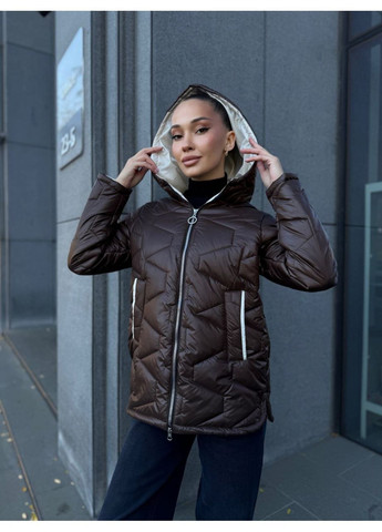 Темно-коричнева демісезонна куртка 8125512 стьобана плащівка лаке,силікон 200,з капюшоном на блискавці двосторонній Україна