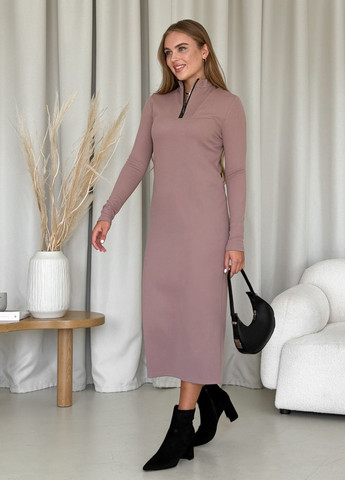 Бежева повсякденний зимова тепла довга вільна сукня на блискавці рубчик на флісі (солоха в подарунок) сукня-світшот, сукня-водолазка, сукня светр, силуетна Merlini однотонна