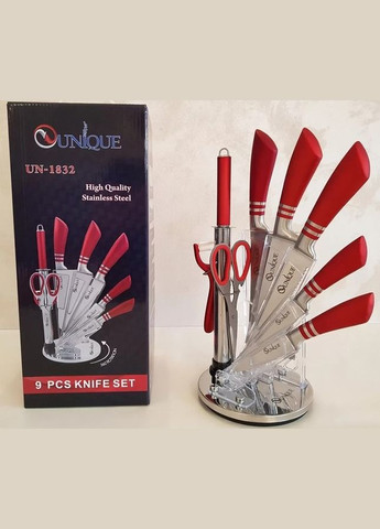 Набір кухонних ножів на 9 предметів з ножицями та овочечисткою червоний (2075750404) Unique UN-1832 червоний, пластик, нержавіюча сталь