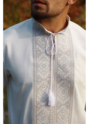 Молочная мужская льняная вышиванка фаддей серо-молочный MOTYV узор орнамент лен (361162150)