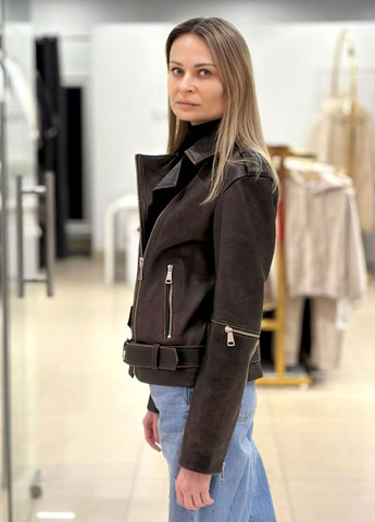 Коричнева демісезонна жіноча куртка косуха з коричневої вінтажної шкіри косуха Ece