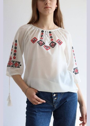 Біла вишиванка жіноча наталка полтавка | біла сорочка з геометричною вишивкою | етно стиль MOTYV візерунок орнамент поліестер (324889024)