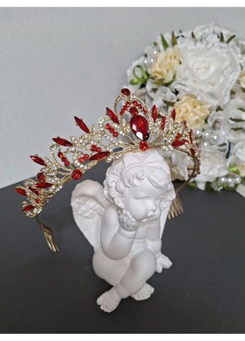 Діадема, тіара червона в золоті для весільної, вечірньої зачіски 5 см, червона No Brand (369162261)