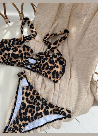 Коричневый женский раздельный купальник с металлическими кольцами panthera леопардовый No Brand