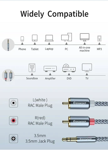 Кабель AUX - 2RCA (тато-тато) jack 3.5 мм 2м Essager (300523886)