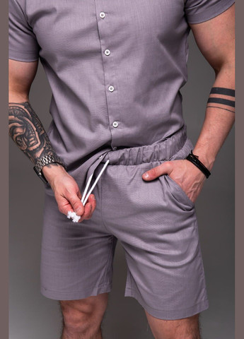 Серый комплект рубашки и шорты натуральный лен. No Brand