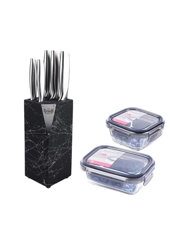 Набір ножів на підставці Prime Chef та скляних контейнерів Artglass + ПОДАРУНОК: Набір кухонних дощок Krauff комбінований,