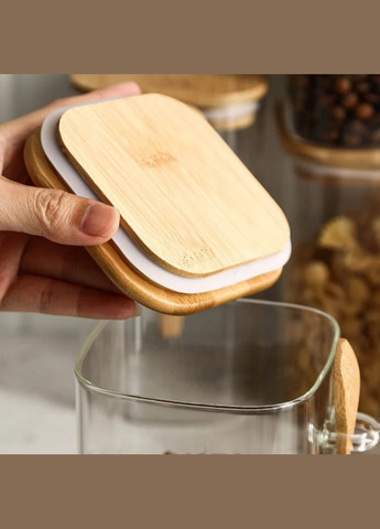 Квадратна скляна банка з дерев'яною ложкою з бамбуковою кришкою 800 мл Hell (303212332)