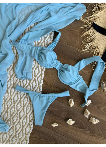 Блакитний літній жіночий літній пляжний блакитний купальний комплект роздільний купальник і сукня напівпроз... No Brand