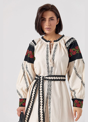 Бежева жіноча сукня міді з вишитими трояндами Lurex